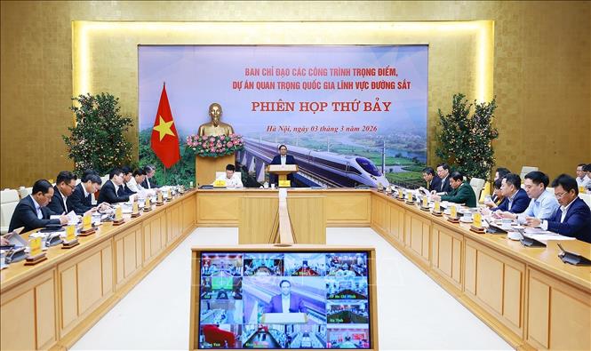 Thủ tướng Phạm Minh Chính chủ trì Phiên họp thứ bảy của Ban Chỉ đạo các công trình trọng điểm, dự án quan trọng quốc gia lĩnh vực đường sắt. Ảnh: Dương Giang-TTXVN
