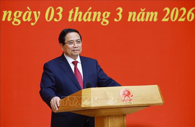  Đồng chí Phạm Minh Chính, Bí thư Đảng ủy Chính phủ, Thủ tướng Chính phủ phát biểu chúc mừng. Ảnh: Dương Giang-TTXVN 