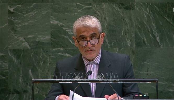 Đại diện thường trực của Iran tại Liên hợp quốc (LHQ) Amir Saeid Iravani phát biểu trong phiên họp của Đại hội đồng LHQ ở New York (Mỹ). Ảnh: IRNA/TTXVN