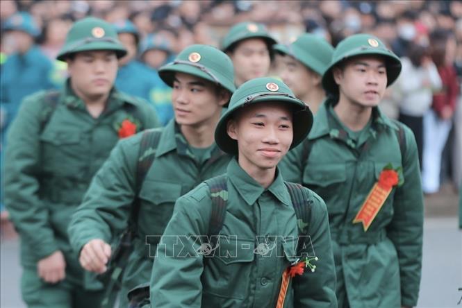 Tân binh tham dự lễ giao, nhận quân năm 2026 tại điểm giao nhận quân số 06: Ban chỉ huy PTkV4 - Gia Lâm. Ảnh: Minh Quyết - TTXVN