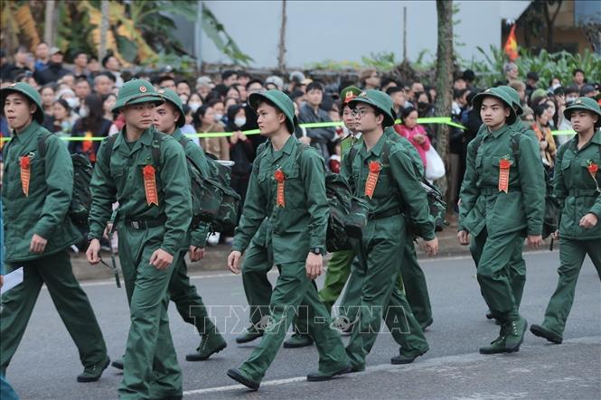 Tân binh tham dự lễ giao, nhận quân năm 2026 tại điểm giao nhận quân số 06: Ban chỉ huy PTkV4 - Gia Lâm. Ảnh: Minh Quyết - TTXVN