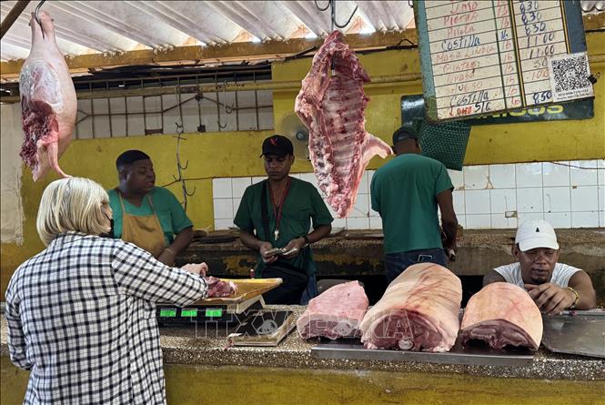 Một quầy bán thịt lợn ở chợ nông sản 19B, La Habana (Cuba). Ảnh: Việt Hùng - PV TTXVN tại Cuba