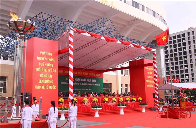 Lễ giao, nhận quân năm 2026 và động viên 440 tân binh lên đường thực hiện nhĩa vụ quân sự, công an nhân dân tại Ban Chỉ huy Phòng thủ khu vực 3 - Hồng Hà. Ảnh: Văn Điệp - TTXVN
