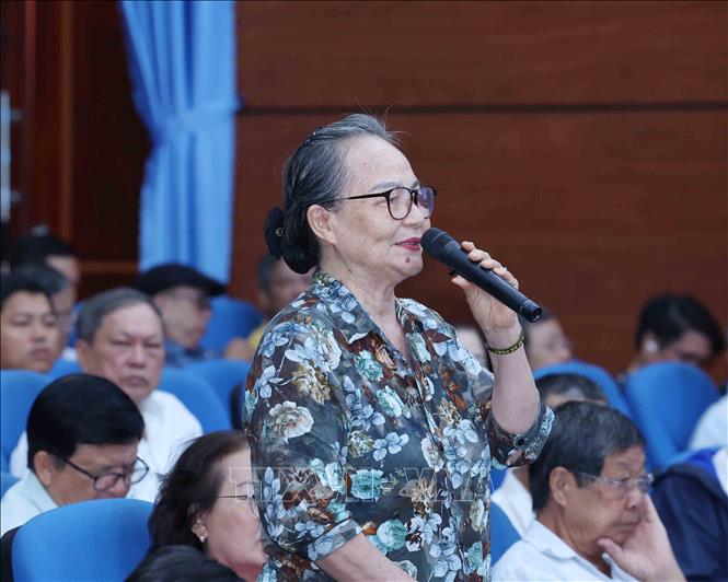 Cử tri phường Thanh Khê Lê Thị Bích Liên phát biểu tại hội nghị. Ảnh: Phương Hoa - TTXVN
