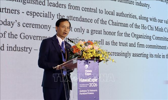 Ông Phùng Quốc Mẫn, Chủ tịch HAWA kiêm trưởng ban tổ chức HawaExpo 2026 phát biểu khai mạc sự kiện. Ảnh: Xuân Anh – TTXVN