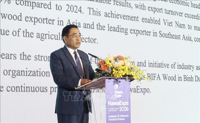 Ông Nguyễn Quốc Trị, Thứ trưởng Bộ Nông nghiệp và Môi trường phát biểu tại lễ khai mạc HawaExpo 2026. Ảnh: Xuân Anh – TTXVN