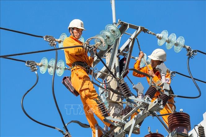 Kiểm tra sửa chữa các hệ thống đường dây điện để đảm bảo cấp điện an toàn, liên tục phục vụ công tác bầu cử tại các tỉnh miền Trung. Ảnh: TTXVN phát