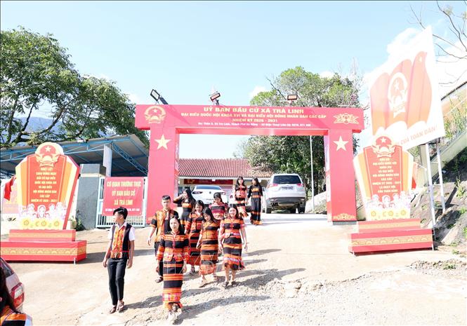 Cử tri đồng bào dân tộc thiểu số Xê Đăng, xã Trà Linh, thành phố Đà Nẵng đến điểm bầu cử tìm hiểu tiểu sử các ứng cử viên Quốc hội và HĐND. Ảnh: Trần Tĩnh - TTXVN