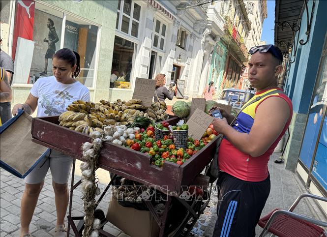 Một gánh hàng rong bán rau của quả tại phố cổ La Habana. Ảnh: Việt Hùng - PV TTXVN tại Cuba