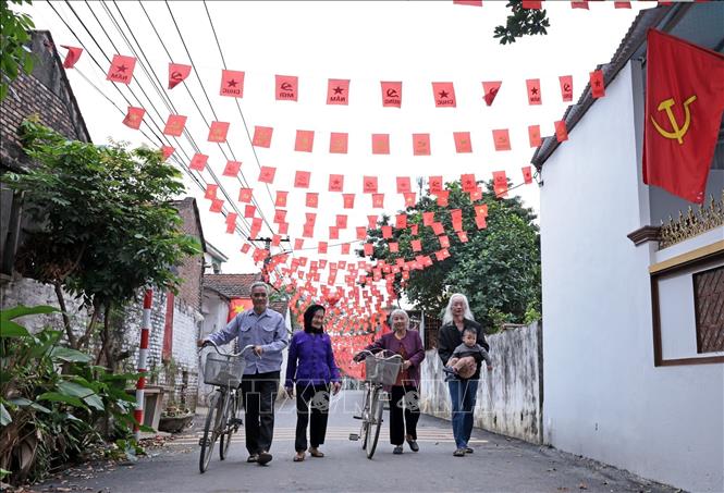 Cờ Tổ quốc được trang hoàng khắp các con đường ở xã đảo Minh Châu, Hà Nội. Ảnh: Trần Việt - TTXVN