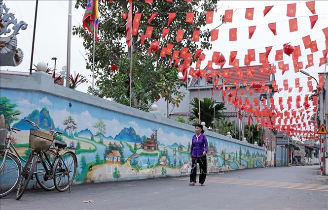 Cờ Tổ quốc được trang hoàng khắp các con đường ở xã đảo Minh Châu, Hà Nội. Ảnh: Trần Việt - TTXVN