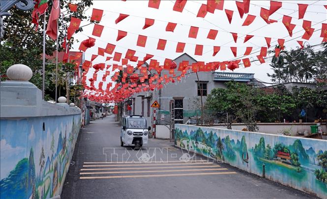 Cờ Tổ quốc được trang hoàng khắp các con đường ở xã đảo Minh Châu, Hà Nội. Ảnh: Trần Việt - TTXVN