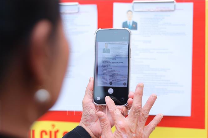 Cử tri tìm hiểu tiểu sử người ứng cử. Ảnh: Phạm Tuấn Anh - TTXVN