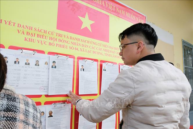 Cử tri theo dõi thông tin trên danh sách các ứng cử viên đại biểu Quốc hội khóa XVI và đại biểu Hội đồng nhân dân các cấp tại khu vực bỏ phiếu số 4 (xã Lạc Dương, Lâm Đồng). Ảnh: Nguyễn Dũng – TTXVN
