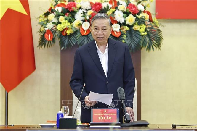 Tổng Bí thư Tô Lâm, Trưởng Đoàn kiểm tra phát biểu ý kiến. Ảnh: Doãn Tấn - TTXVN