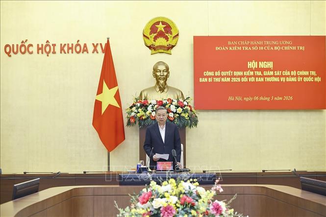 Tổng Bí thư Tô Lâm, Trưởng Đoàn kiểm tra phát biểu ý kiến. Ảnh: Doãn Tấn - TTXVN