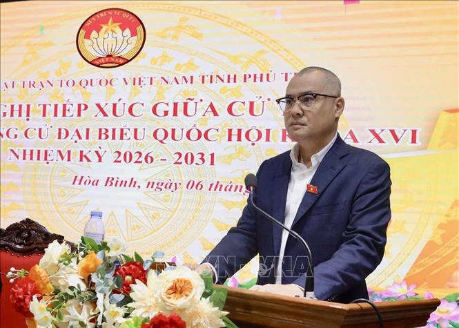 Bí thư Tỉnh ủy Phú Thọ Phạm Đại Dương phát biểu tại buổi tiếp xúc với cử tri. Ảnh: Vũ Hà - TTXVN