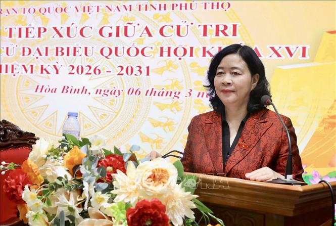 Chủ tịch Uỷ ban Trung ương Mặt trận Tổ quốc Việt Nam Bùi Thị Minh Hoài phát biểu tại buổi tiếp xúc với cử tri. Ảnh: Vũ Hà - TTXVN