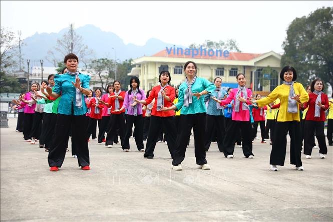 Hội viên phụ nữ tỉnh Tuyên Quang trình diễn áo dài tại Ngày hội Áo dài và Liên hoan dân vũ. Ảnh: Quang Cường –TTXVN.