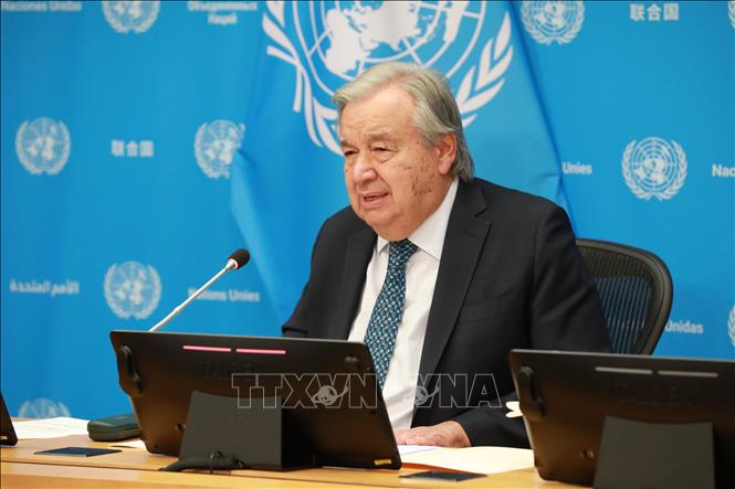 Tổng Thư ký LHQ Antonio Guterres trong cuộc họp báo tại New York (Mỹ) ngày 16/1/2025. Ảnh: THX/TTXVN