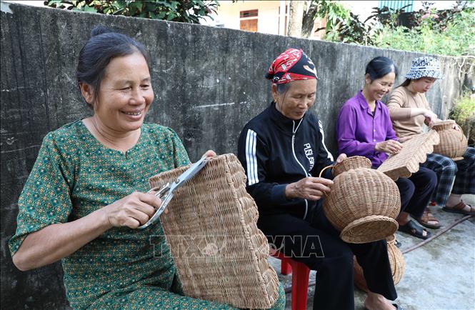 Nhiều phụ nữ lớn tuổi có thêm việc làm nhờ việc nhận gia công cho các cơ sở sản xuất mây tre đan của chị Vũ Thị Son (thôn Bình Trật Nam, xã Bình Nguyên, tỉnh Hưng Yên). Ảnh: Thế Duyệt – TTXVN