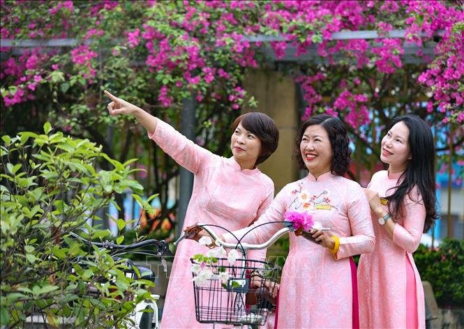 Mặc áo dài khi tới trường, giảng bài trên lớp, tham gia sự kiện của ngành giáo dục hay trong những dịp kỷ niệm, ngày lễ lớn… đã nhân lên nét đẹp của người nữ giáo viên nói riêng, tôn vinh vẻ đẹp của người phụ nữ Việt Nam nói chung. Ảnh: Thanh Tùng - TTXVN 