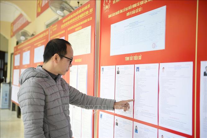 Anh Đỗ Văn Tiến, thôn Thắng Phúc, xã Vạn Lộc đến Trung tâm hành chính công để nghiên cứu, tìm hiểu về các ứng cử viên và sẽ xem xét, chọn lựa những người xứng đáng để bầu vào ĐBQH, HĐND tỉnh, HĐND xã nhiệm kỳ 2026-2031. Ảnh: Hoa Mai - TTXVN