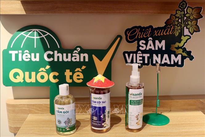 Các sản phẩm tiêu biểu về sản xuất xanh được trưng bày tại không gian trưng bày. Ảnh: Trần Việt - TTXVN