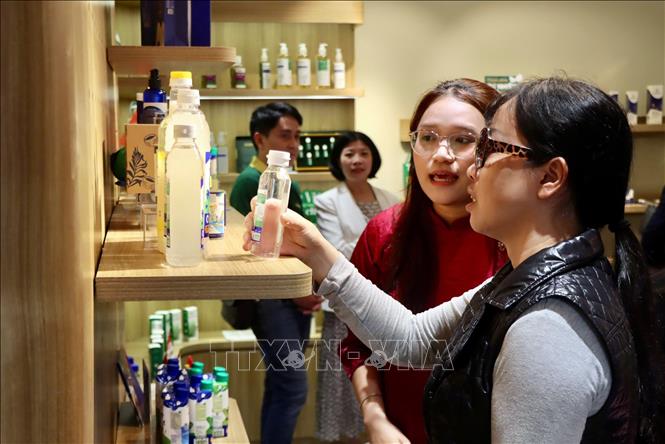 Khách tham quan gian trưng bày các sản phẩm. Ảnh: Trần Việt - TTXVN