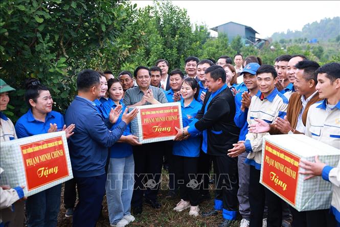 Thủ tướng Phạm Minh Chính thăm mô hình phát triển kinh tế nông nghiệp tại xã Phu Nhi, tỉnh Điện Biên. Ảnh: Dương Giang-TTXVN 