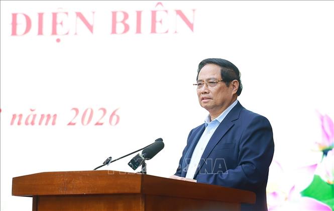 Thủ tướng Phạm Minh Chính phát biểu chỉ đạo tại cuộc làm việc với lãnh đạo tỉnh Điện Biên về tình hình phát triển kinh tế - xã hội của tỉnh. Ảnh: Dương Giang - TTXVN