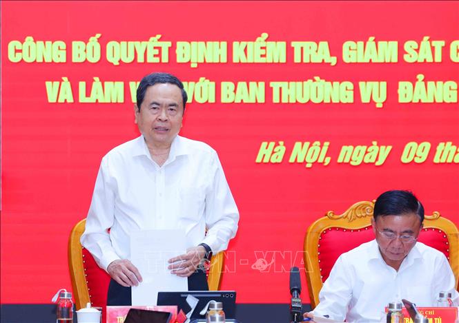 Chủ tịch Quốc hội Trần Thanh Mẫn, Trưởng đoàn Kiểm tra, giám sát phát biểu tại hội nghị. Ảnh: Phương Hoa - TTXVN