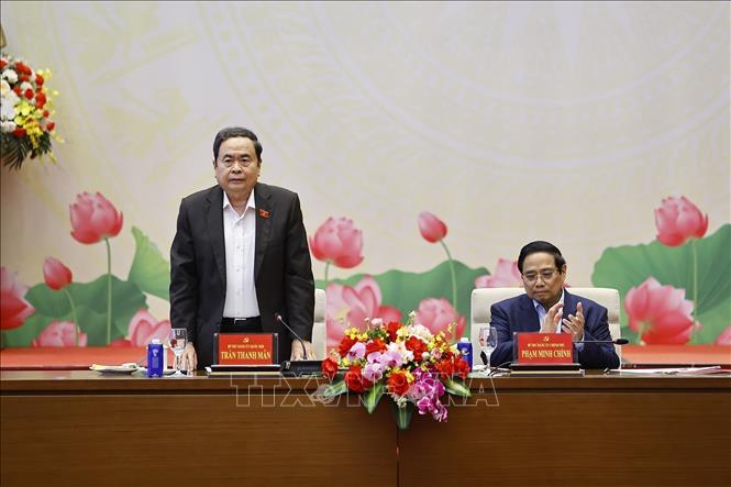 Chủ tịch Quốc hội Trần Thanh Mẫn và Thủ tướng Chính phủ Phạm Minh Chính đồng chủ trì Hội nghị. Ảnh: Doãn Tấn - TTXVN