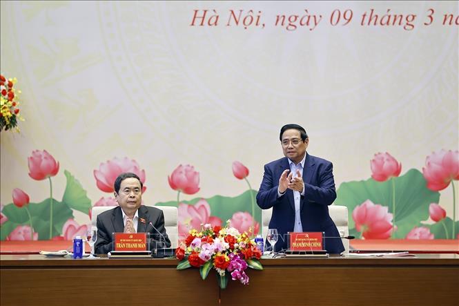 Chủ tịch Quốc hội Trần Thanh Mẫn và Thủ tướng Chính phủ Phạm Minh Chính đồng chủ trì Hội nghị. Ảnh: Doãn Tấn - TTXVN