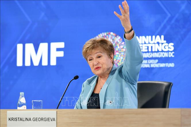 Tổng Giám đốc IMF Kristalina Georgieva phát biểu tại cuộc họp báo ở Washington, D.C., Mỹ. Ảnh: THX/TTXVN