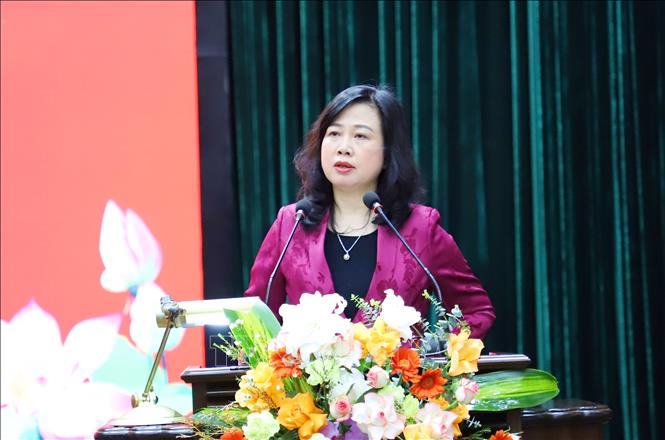 Bộ trưởng Bộ Y tế Đào Hồng Lan, ứng cử đại biểu Quốc hội trình bày chương trình hành động với cử tri phường Quế Võ, tỉnh Bắc Ninh. Ảnh: Thanh Thương - TTXVN