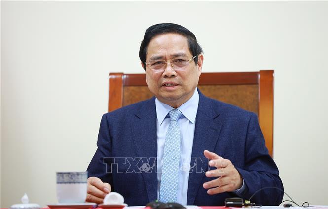 Thủ tướng Phạm Minh Chính điện đàm với Tổng thống Các Tiểu vương quốc Ả-rập thống nhất (UAE) Sheikh Mohammed bin Zayed Al-Nahyan.  Ảnh: Dương Giang-TTXVN 