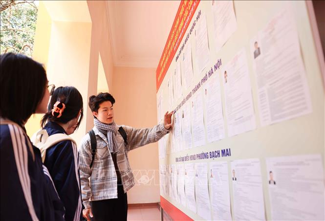 Sinh viên xem danh sách người ứng cử đại biểu Quốc hội khóa XVI và đại biểu HĐND các cấp tại Khu vực bỏ phiếu số 19 – Đại học Kinh tế Quốc dân. Ảnh: Thanh Tùng – TTXVN