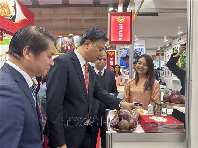 Đại sứ Việt Nam tại Nhật Bản Phạm Quang Hiệu tham quan một gian hàng giới thiệu trái cây Việt Nam. Ành: Nguyễn Tuyến - PV TTXVN tại Nhật Bản 