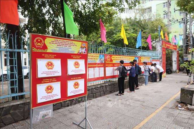 Cử tri là sinh viên Trường Đại học Sư phạm Kỹ thuật, Đại học Đà Nẵng nghiên cứu kỹ tiểu sử, chương trình hành động của các ứng cử viên. Ảnh: Xuân Quý - TTXVN
