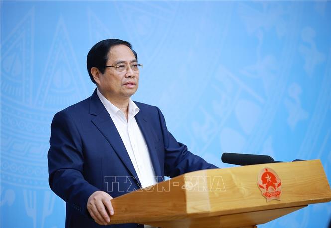 Thủ tướng Phạm Minh Chính chủ trì Hội nghị trực tuyến về kinh tế bạc trên thế giới và thích ứng chính sách, chiến lược của Việt Nam. Ảnh: Dương Giang-TTXVN