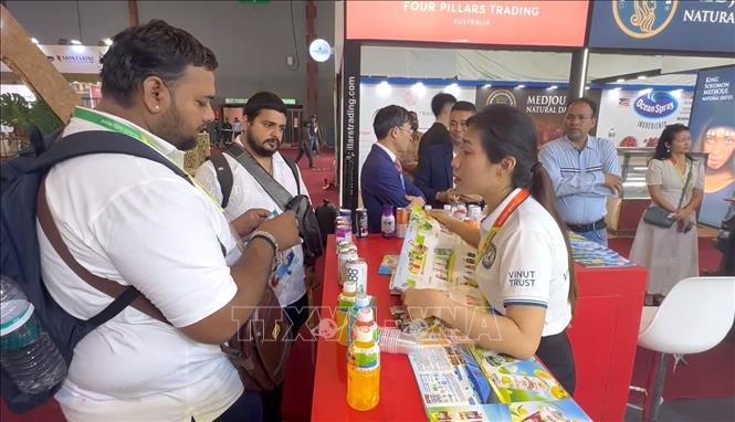 Indian visitors learn about the products of Nam Viet Food and Beverage JSC at the fair. VNA Photo