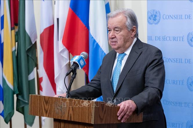 Tổng Thư ký LHQ Antonio Guterres phát biểu tại cuộc họp báo ở New York, Mỹ. Ảnh: THX/TTXVN