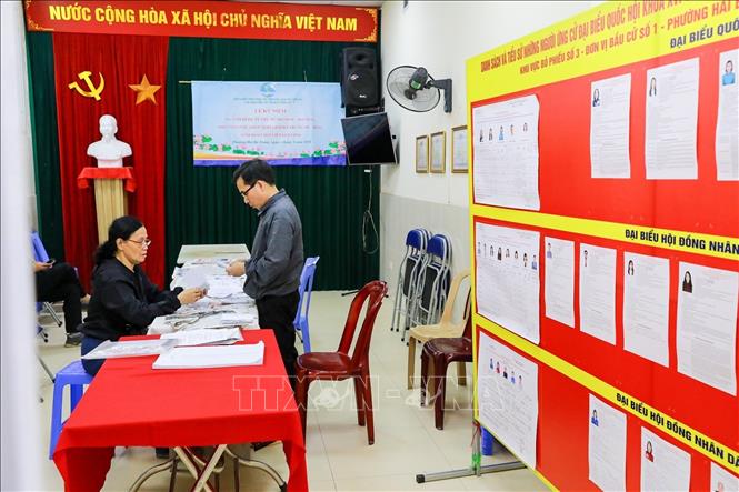 Kiểm tra, rà soát thẻ cử tri Khu vực bỏ phiếu số 3, phường Hai Bà Trưng, thành phố Hà Nội. Ảnh: Khánh Hoà - TTXVN