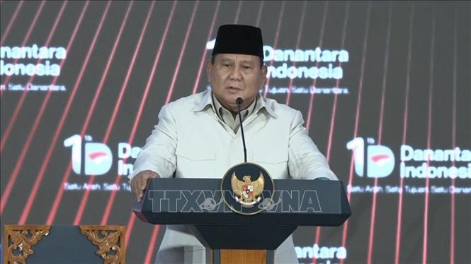 Tổng thống Indonesia, Prabowo Subianto phát biểu tại lễ kỷ niệm 1 năm thành lập Danantara. Ảnh: TTXVN phát
