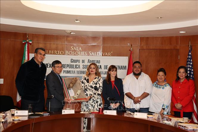 Bà Ana Karina Rojo Pimentel, Chủ tịch Ủy ban Phúc lợi Hạ viện Mexico kiêm Chủ tịch Nhóm Nghị sĩ hữu nghị Mexico – Việt Nam tặng quà lưu niệm cho Đại sứ Nguyễn Văn Hải. Ảnh: Phi Hùng - PV TTXVN tại Mexico