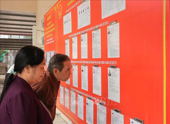 Nguời dân tìm hiểu thông tin các ứng viên tại đơn vị bầu cử số 6, khu vực bỏ phiếu số 29. Ảnh: Hoàng Hiếu - TTXVN