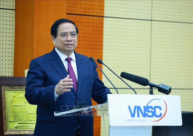 Thủ tướng Phạm Minh Chính phát biểu tại “Diễn đàn vũ trụ Việt Nam - Nhật Bản 2026: Hợp tác cho kỷ nguyên mới”. Ảnh: Dương Giang-TTXVN 
