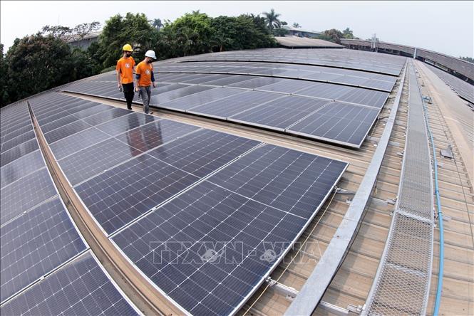 Kiểm tra hệ thống điện mặt trời tại Công ty Maxport Limited Thái Bình, xã Tân Thuận, Hưng Yên. Ảnh: Trần Việt - TTXVN