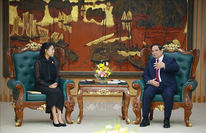 Thủ tướng Phạm Minh Chính tiếp Đại sứ Thái Lan tại Việt Nam Urawadee Sriphiromya. Ảnh: Dương Giang-TTXVN
